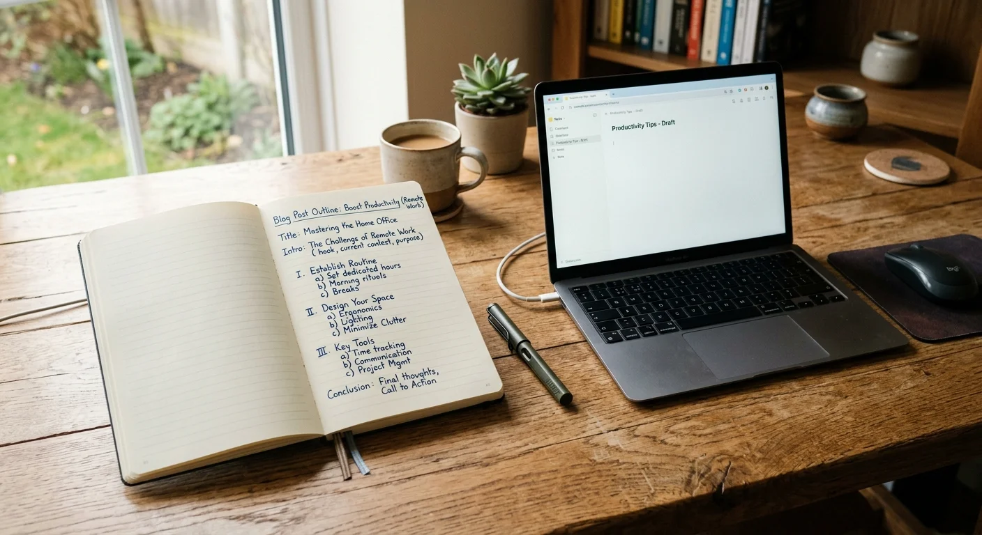 Blog outline written in a notebook beside an open laptop on a desk