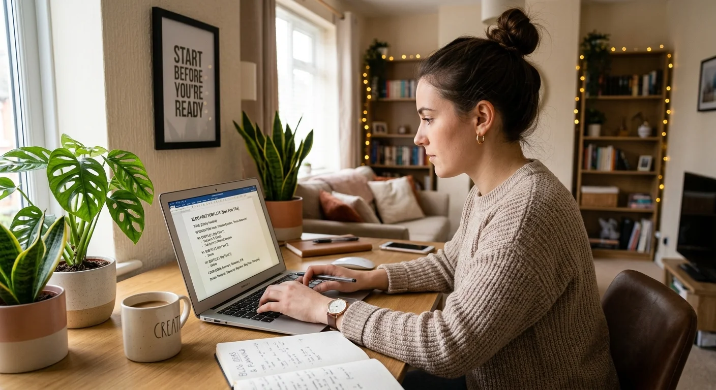 Beginner blogger using a blog post template on a laptop