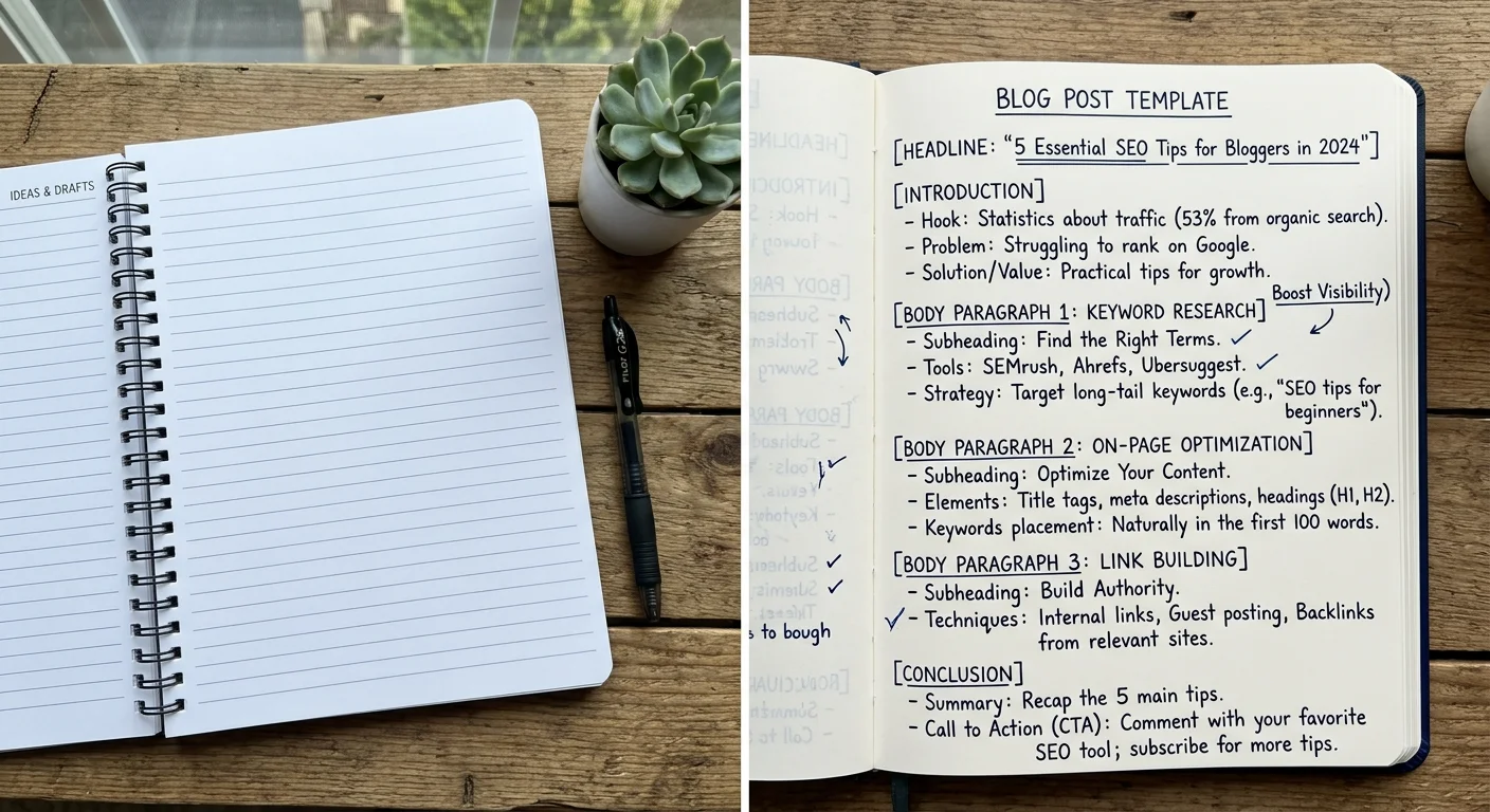 Comparison of blank page and structured blog post template