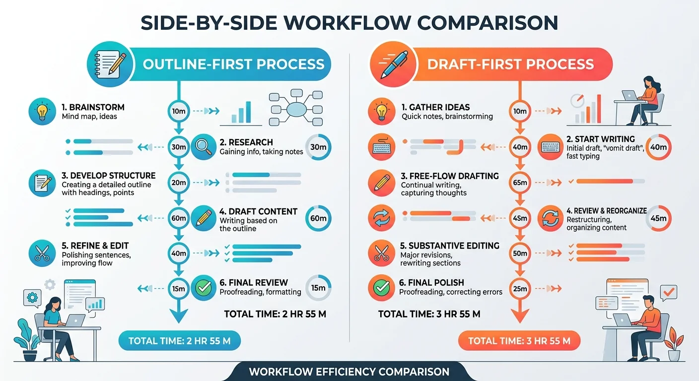 Infographic comparing blog outline workflow and full draft workflow timelines